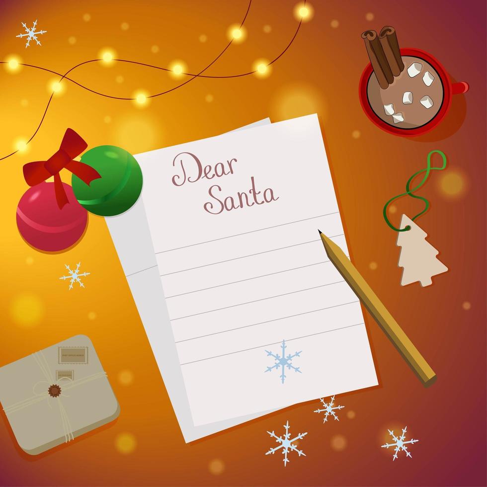 verlanglijstje voor de kerstman. warme, gezellige, gradiënt kerstillustratie. brief met nieuwjaarsversieringen, kopje koffie, kerstballen, sneeuwvlokken, slinger, geschenkdoos vector
