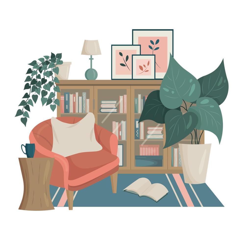 het interieur van de woonkamer in scandinavische stijl. het boho-palet. fauteuil, boekenkast, kamerbloemen. de kat slaapt op het tapijt. vector. vector