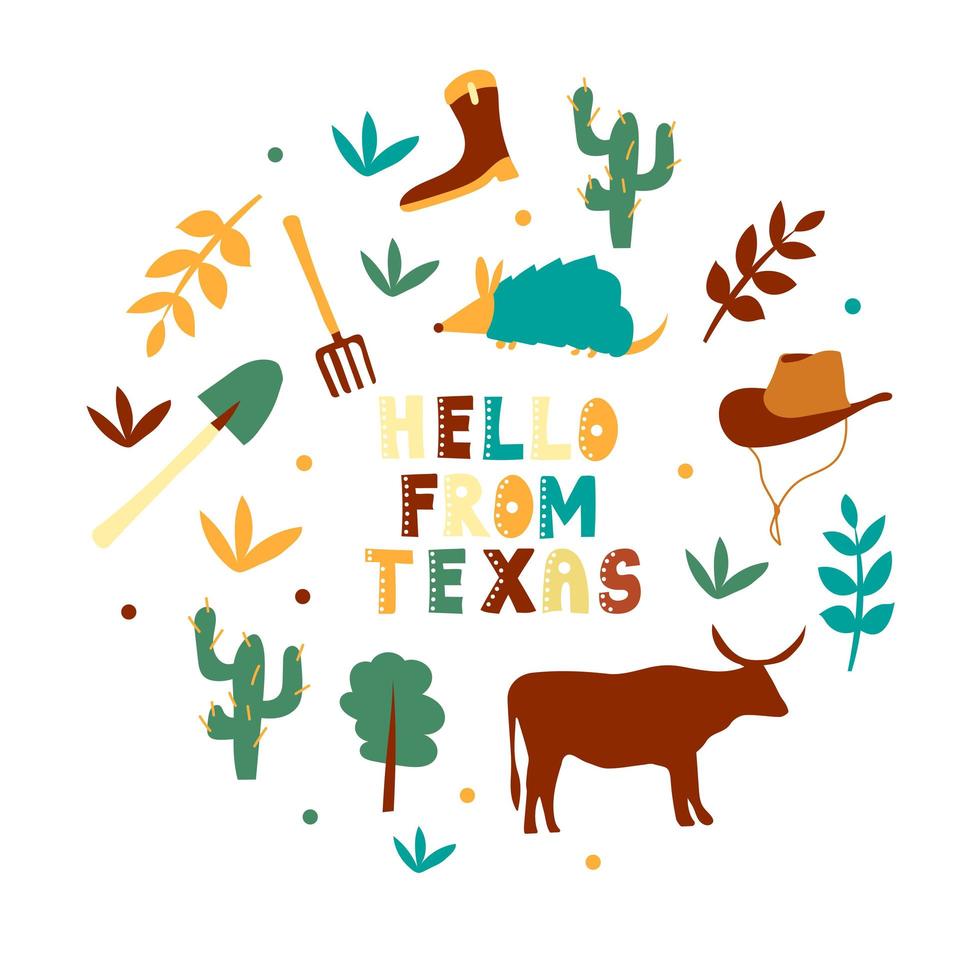 VS collectie. hallo uit texas thema. staat symbolen vector