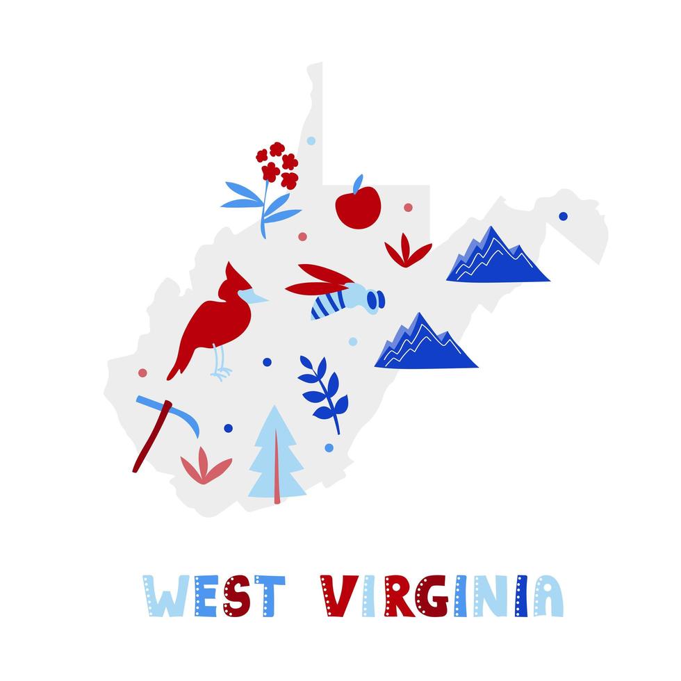 usa kaart collectie. staatssymbolen op grijs staatssilhouet - west Virginia vector