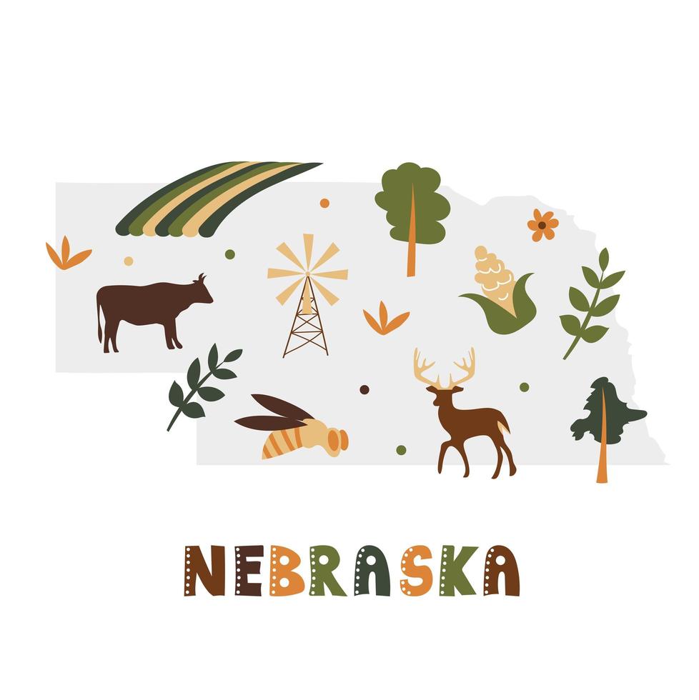 usa kaart collectie. staatssymbolen op grijs staatssilhouet - nebraska vector