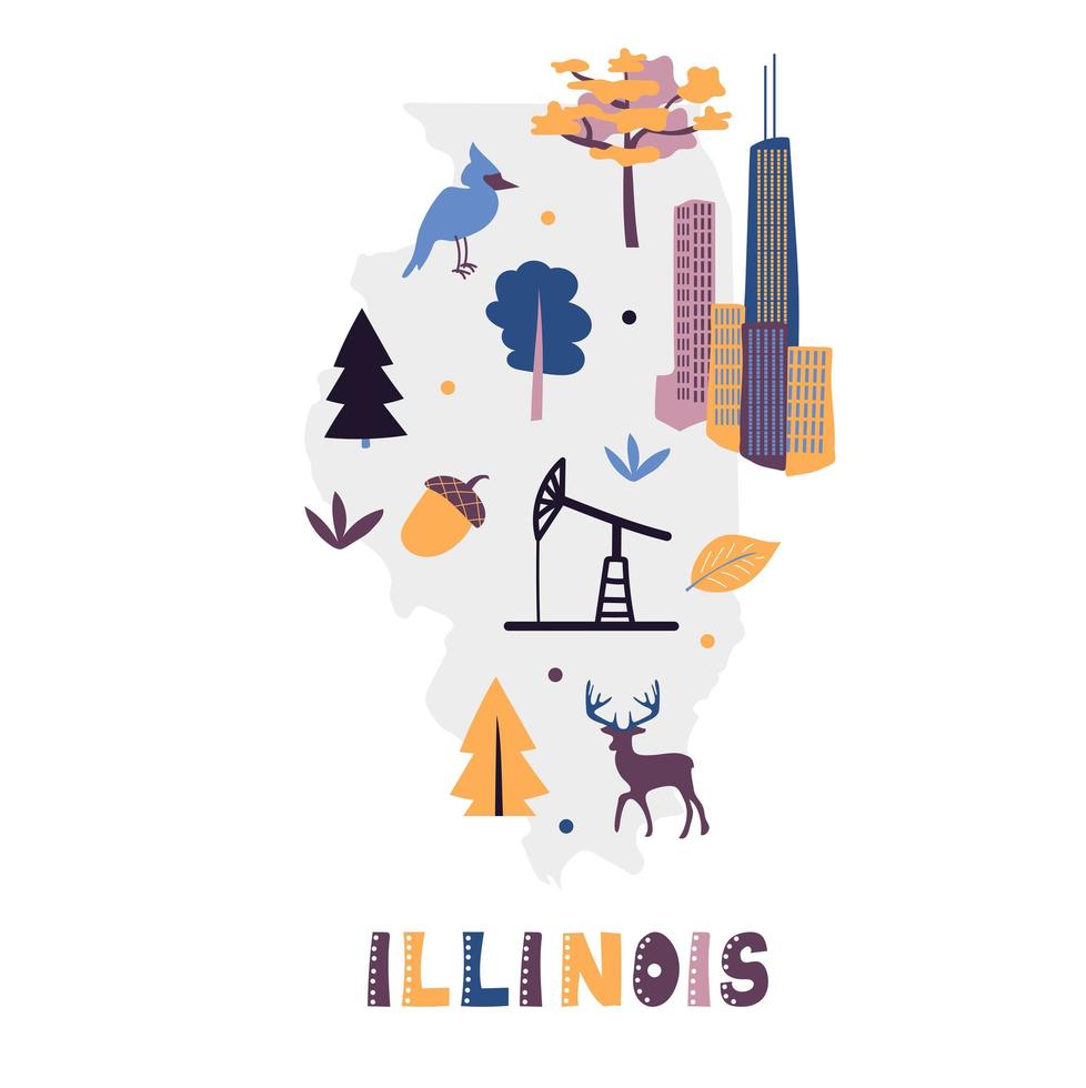 usa kaart collectie. staatssymbolen op grijs staatssilhouet - Illinois vector