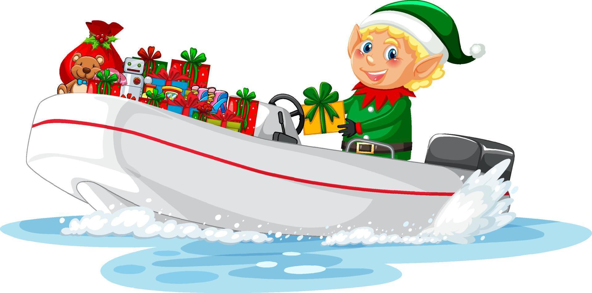 kerstelf op de boot met zijn cadeautjes vector