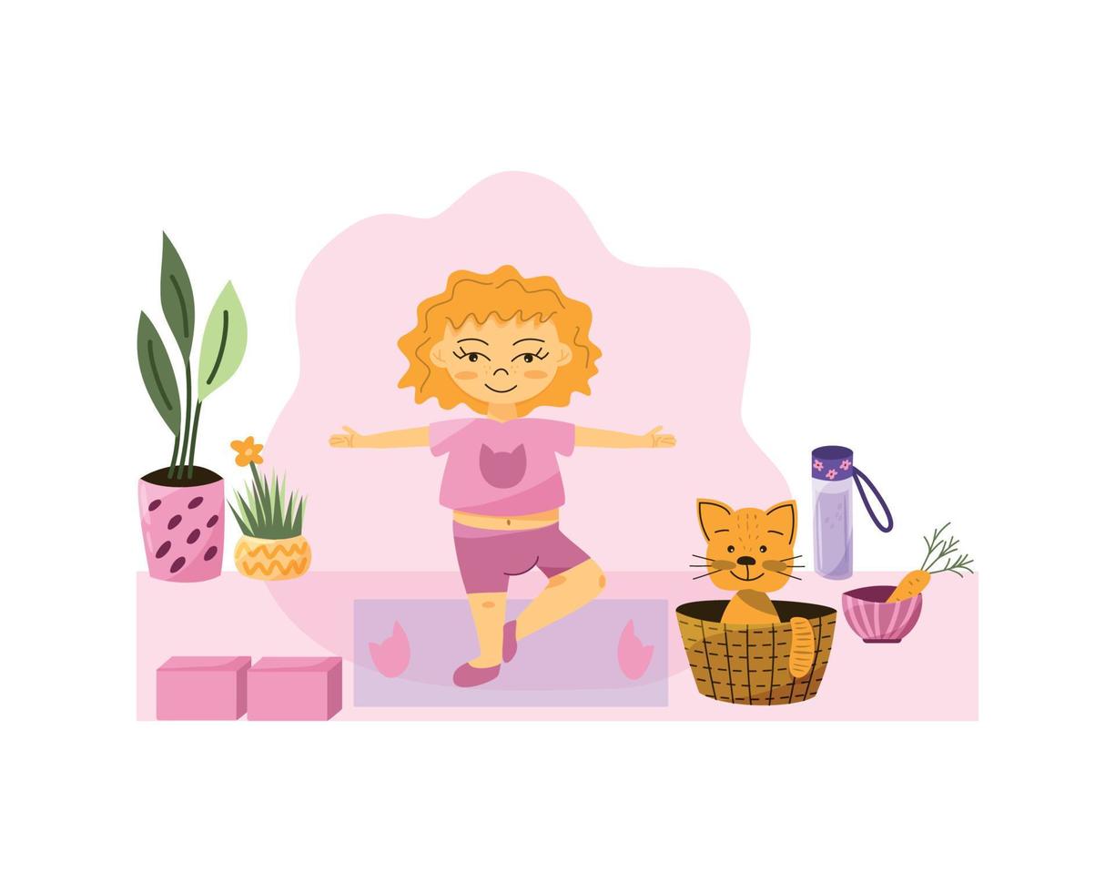 een schattig meisje beoefent thuis yoga. conceptuele vectorillustratie. vector