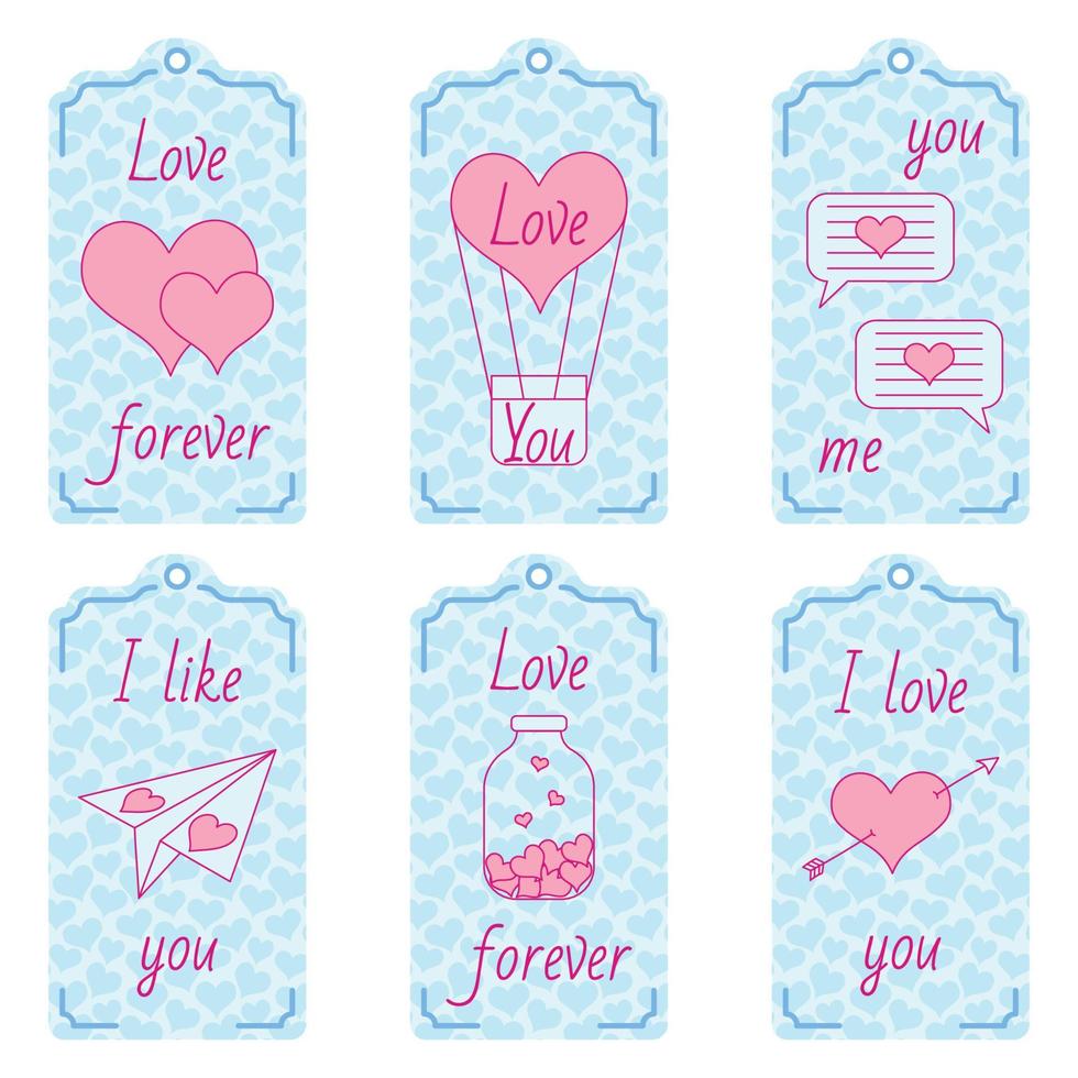 romantische tags, harten en inscripties. voor het decoreren van geschenken, winkelen, kan worden gebruikt in projecten voor Valentijnsdag vector