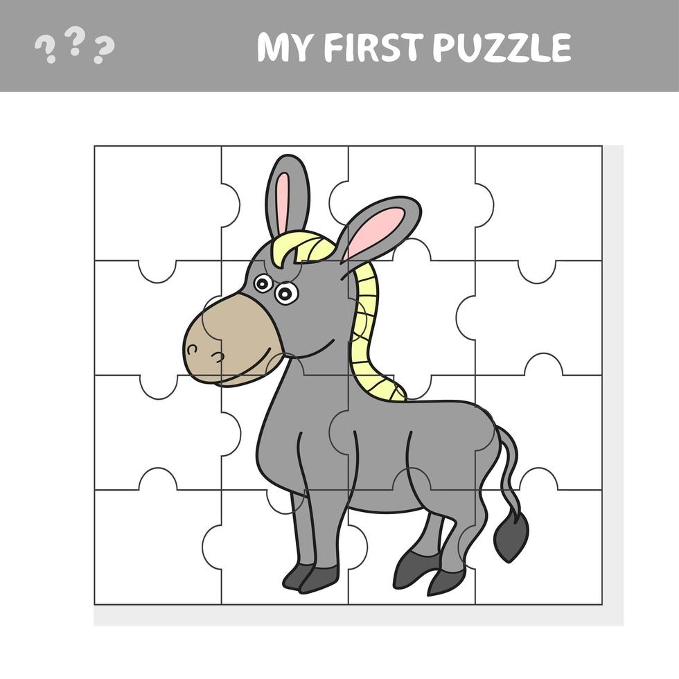 cartoon puzzelspel voor kleuters met grappige ezel boerderijdier vector