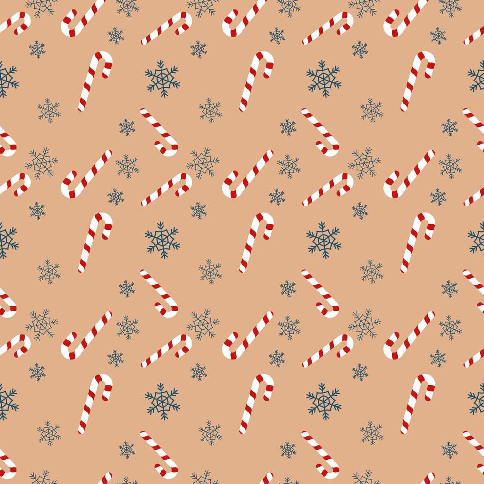 kerstherhalingspatroon gemaakt met snoepgoed en sneeuwvlok, met de hand getekend vectorherhalingspatroon voor textiel, cadeaupapier, stof, webachtergrond en verpakking. vector