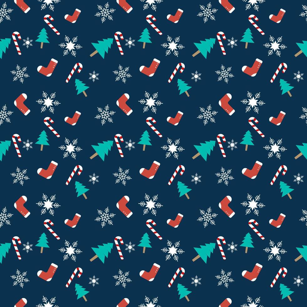 kerstthema herhalingspatroon gemaakt met elementen zoals kerstboom, sokken, sneeuwvlokken, snoepgoed handgetekende vector herhalingspatroon voor textiel, stof, cadeaupapier, verpakking en webachtergrond.