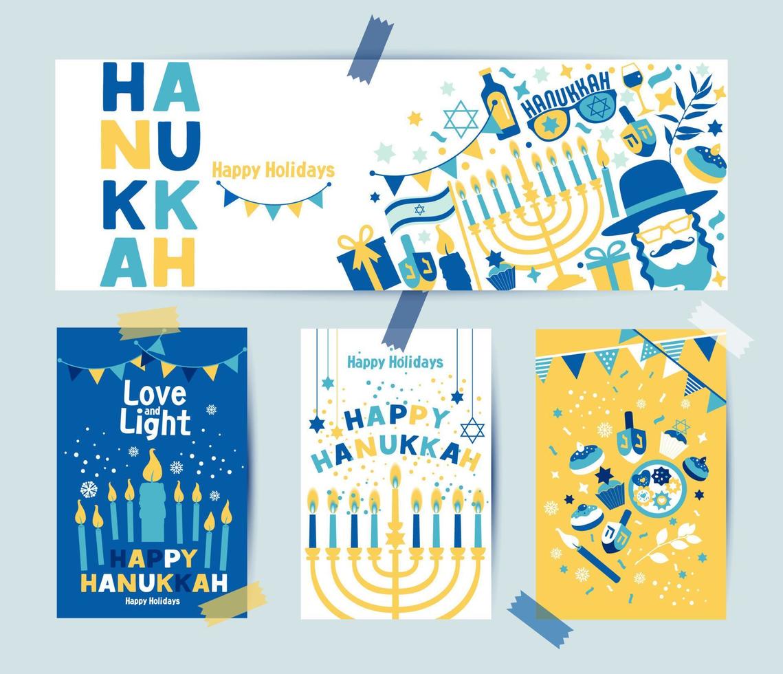 set kleuren vier hanukkah wenskaarten en banner met kaarsen, dreidel, joodse ster, olie, menora, donut, cupcake, confetti, brieven. lay-out voor lichtfestival. vector