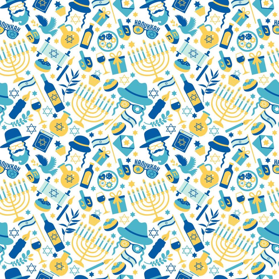Joodse vakantie hanukkah naadloze patroon met chanukah symbolen - dreidels tol, donuts, menora kaarsen, oliepot, ster david illustratie. vector