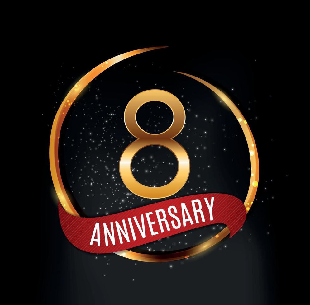 sjabloon gouden logo 8 jaar verjaardag met rood lint vectorillustratie vector