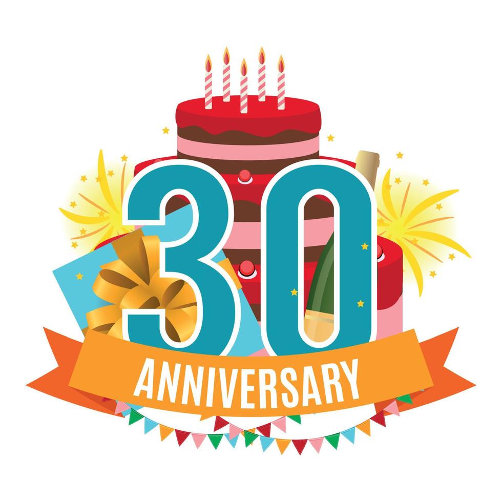sjabloon 30 jaar verjaardag gefeliciteerd, wenskaart met cake, geschenkdoos, vuurwerk en lint uitnodiging vectorillustratie vector