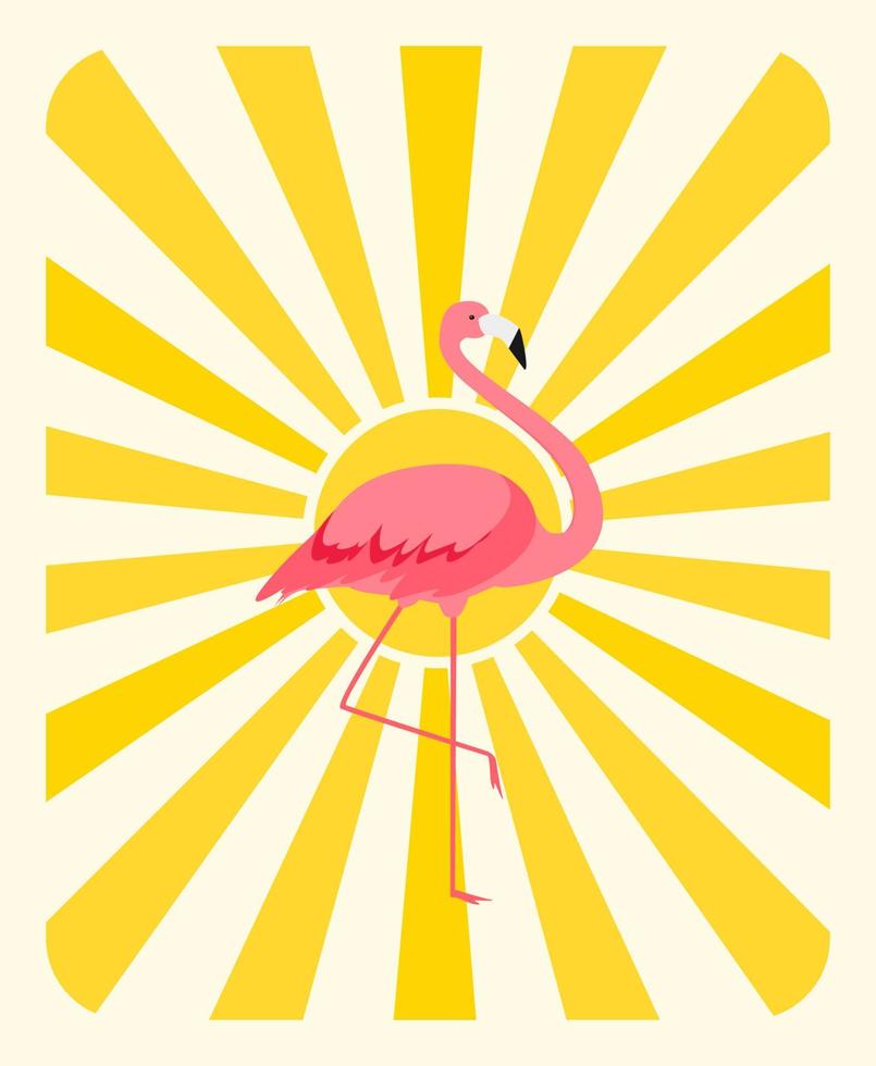 natuurlijke zonnige achtergrond met kleurrijke cartoon roze flamingo op één been staat vectorillustratie vector