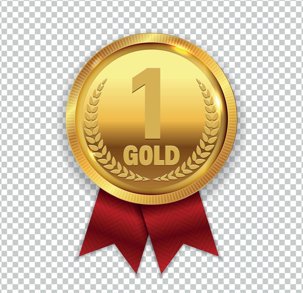 kampioen kunst gouden medaille met rood lint l pictogram teken eerste plaats geïsoleerd op transparante achtergrond. vector illustratie