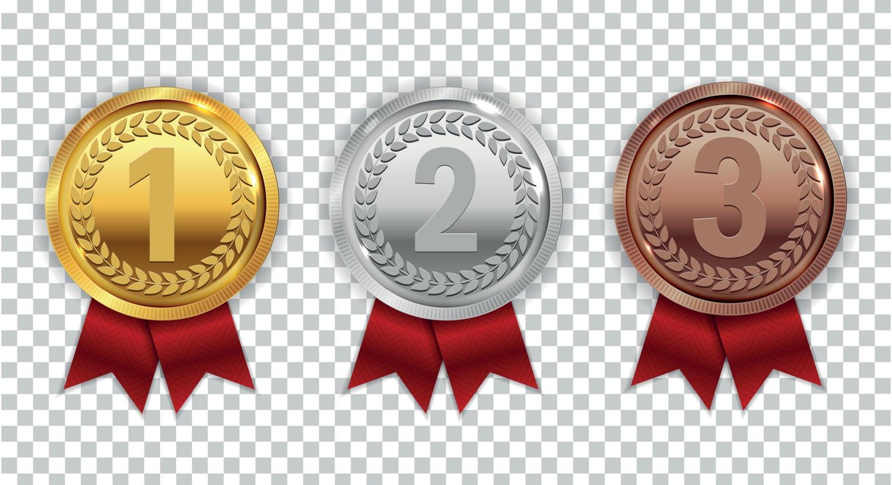 kampioen gouden, zilveren en bronzen medaille met rood lint pictogram teken eerste, tweede en derde plaats collectie set geïsoleerd op transparante achtergrond. vector illustratie