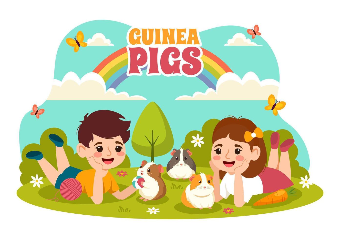 Guinea varken illustratie met divers hamster rassen in groen velden in een vlak schattig kinderen tekenfilm stijl achtergrond ontwerp vector