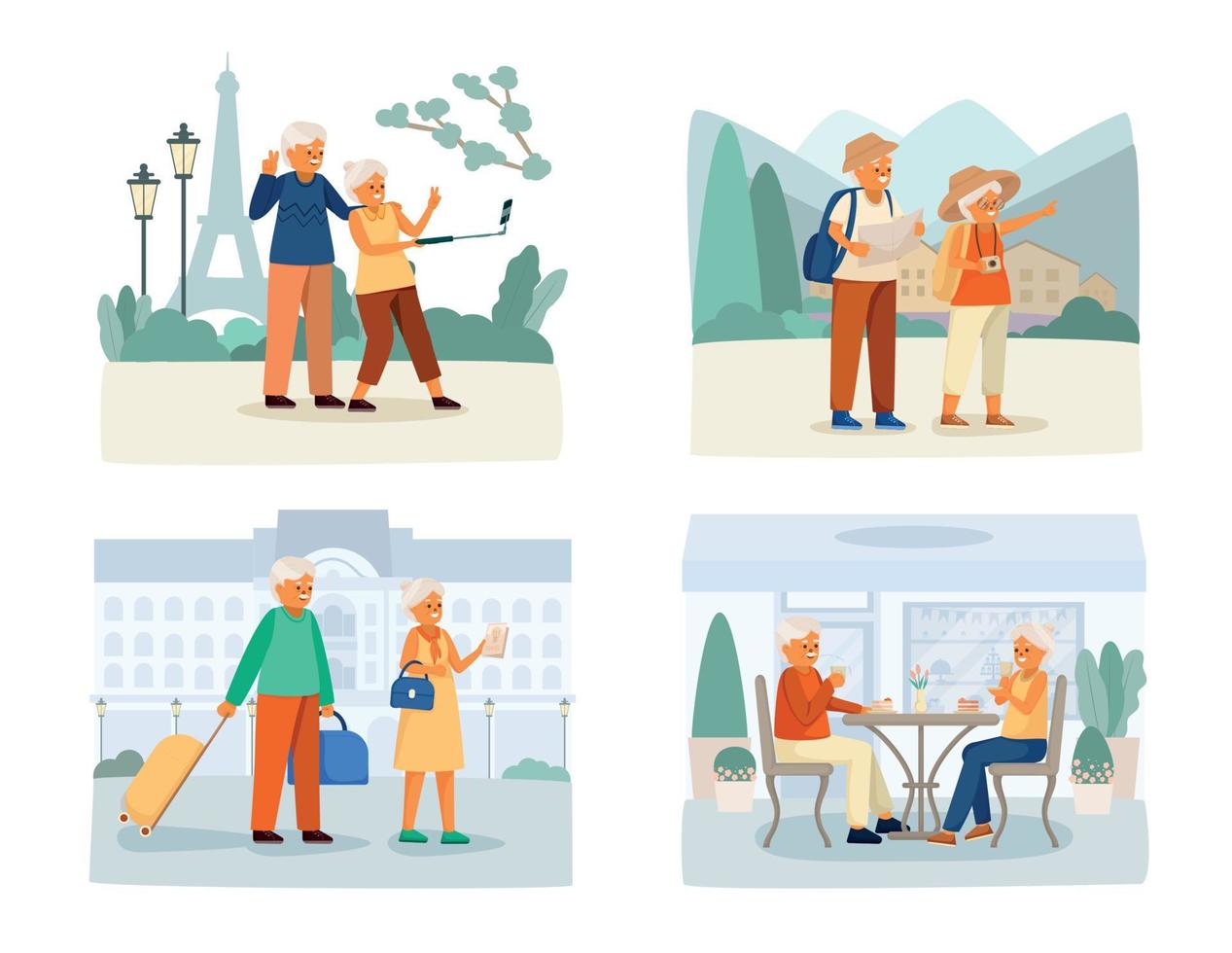 ouderen gelukkig leven cartoon icon set vector