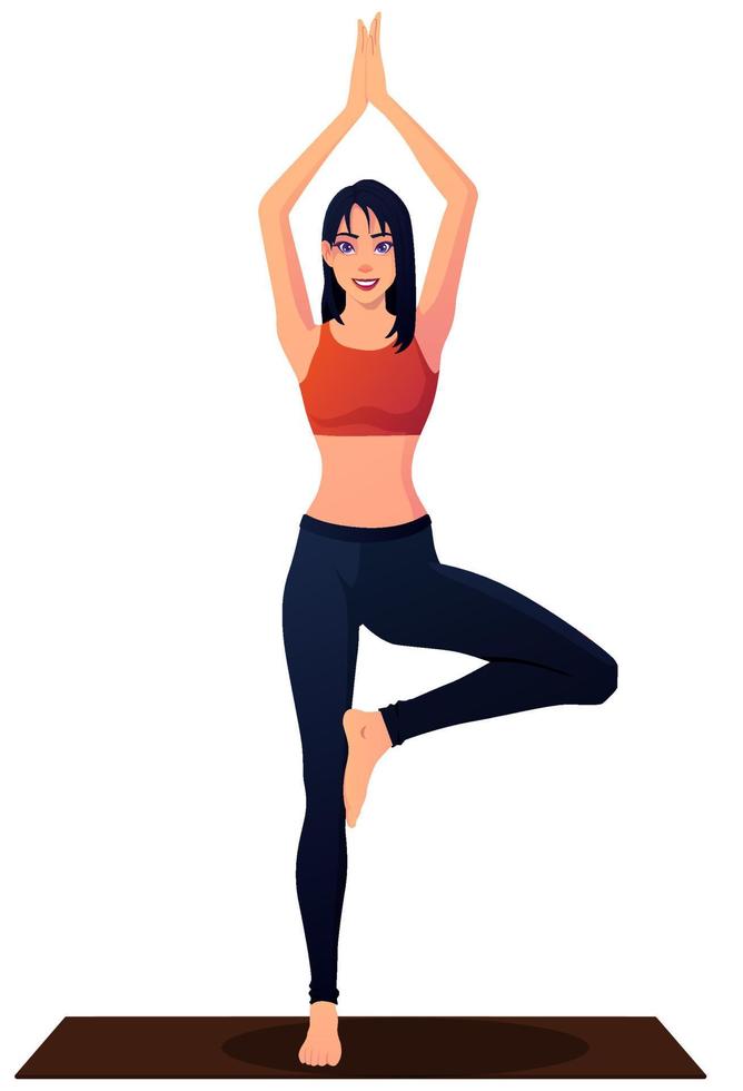 mooie kaukasische lachende vrouw in yoga boom pose met zwarte sportbroek vectorillustratie vector