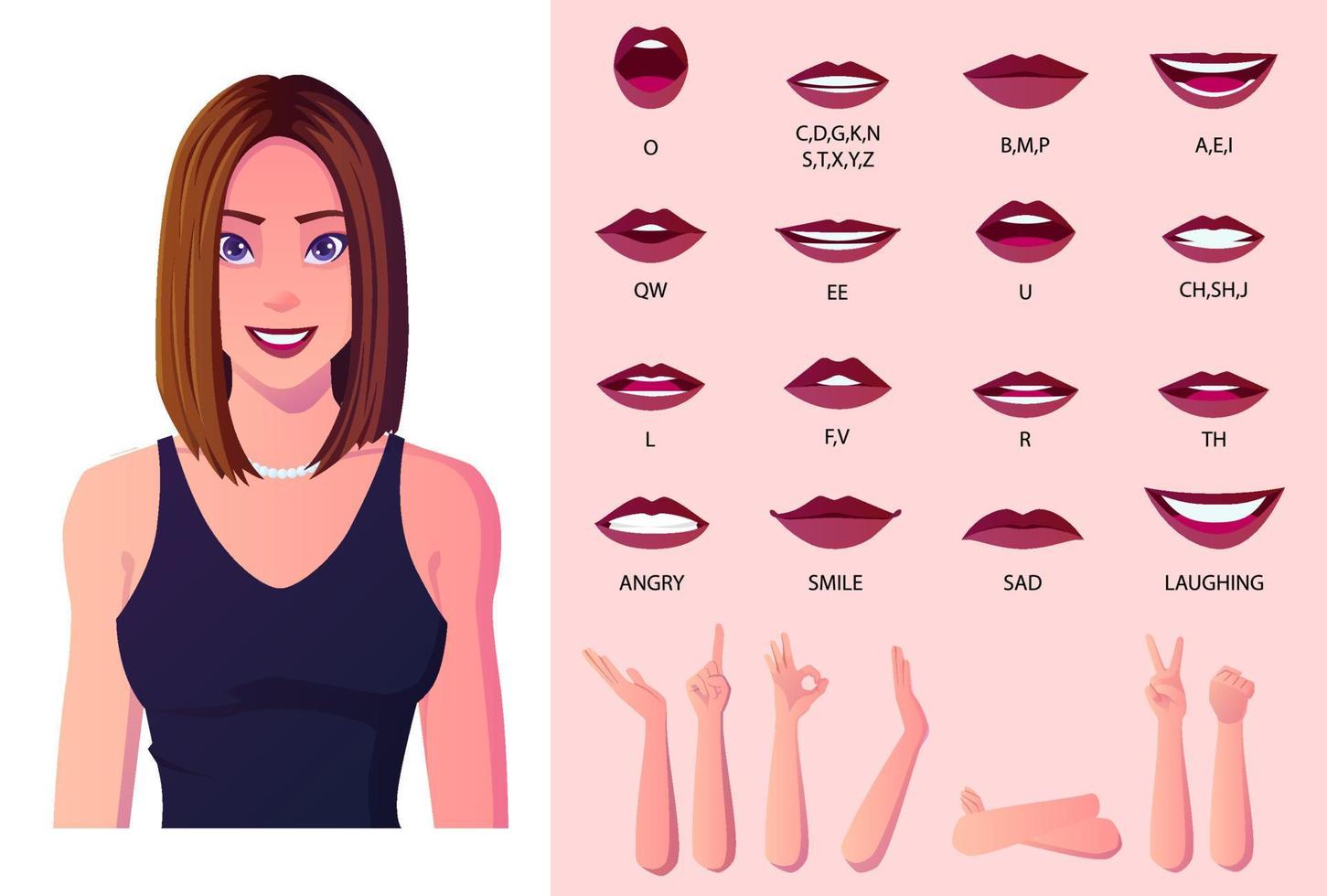 mooie vrouw mond animatie en lip sync creatie pack. vrouw die blauwe kledingpremie draagt. vector