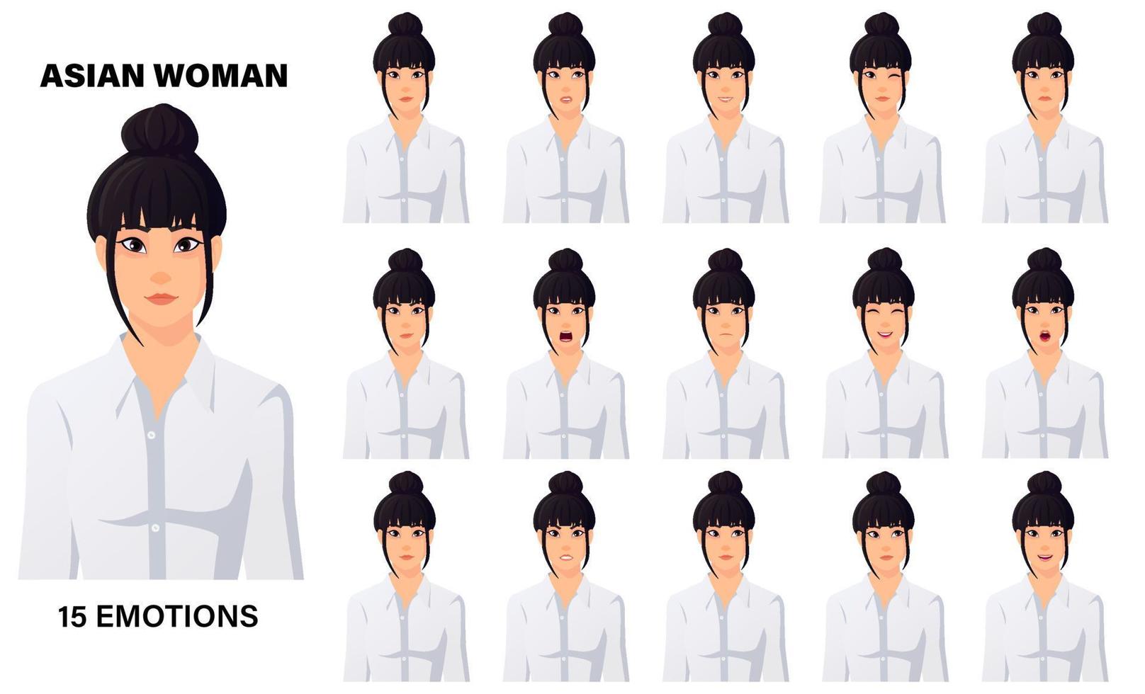 Aziatische zakenvrouw 15 emoties en gezichtsuitdrukkingen set premium vector