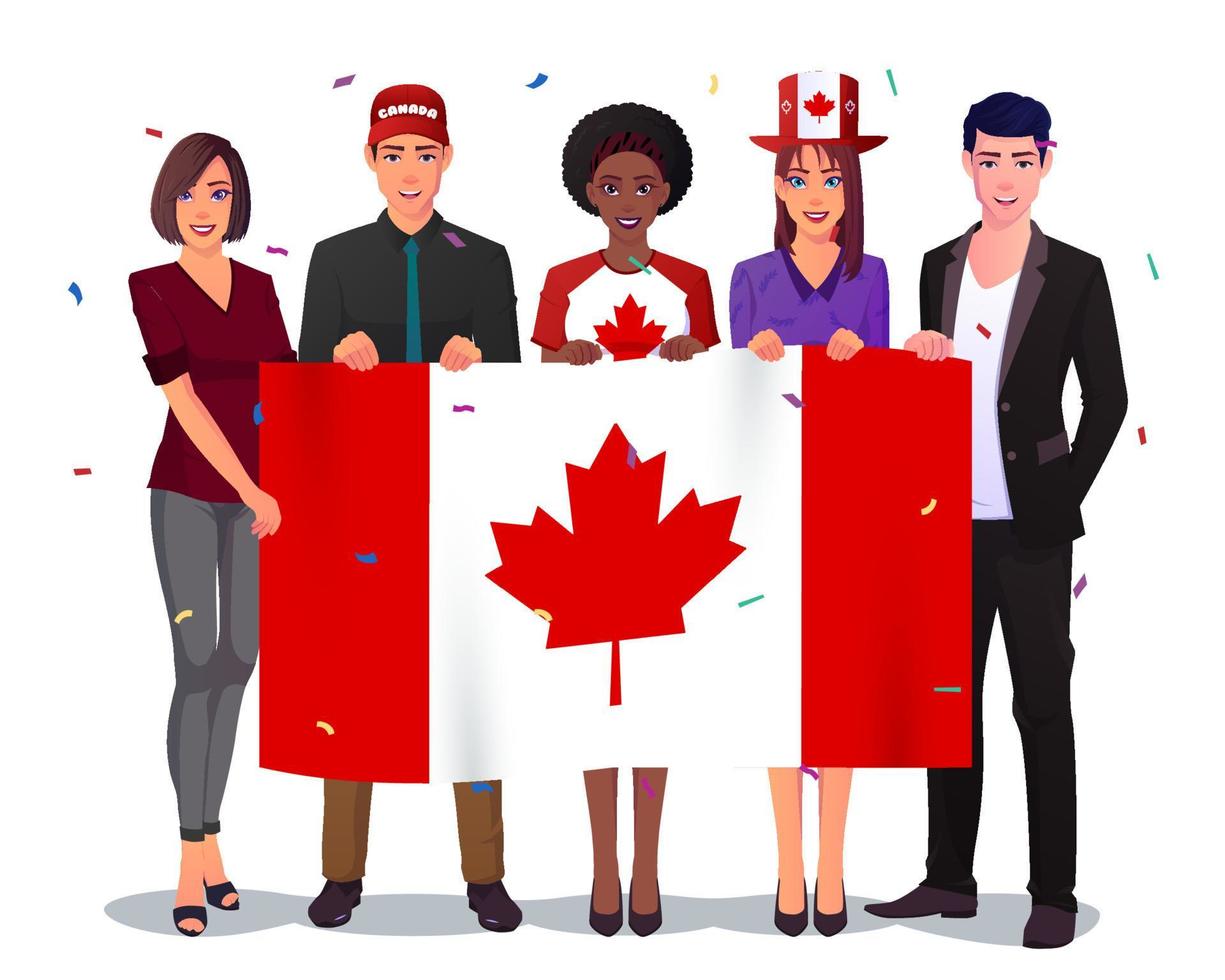 mensen die canada vlag houden en canada day vieren, man en vrouw met canada hoed, multiculturele groep, premium vector. vector