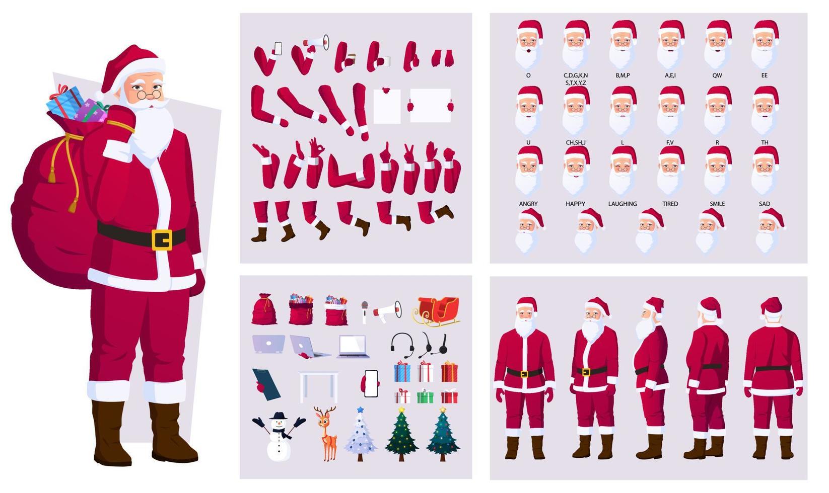 kerstman karakter creatie en gezicht animatie set met herten, sneeuwpop, boom, geschenken, slee en verschillende acties vector bestand