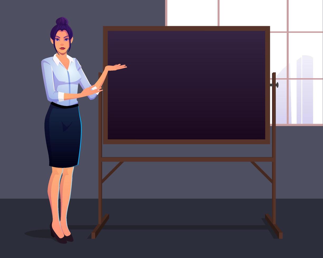 trotse elegante zakenvrouw die presenteert op een krijtbord premium vectorillustratie vector