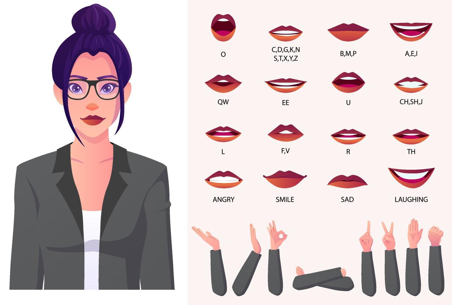 zakenvrouw in een pak met knot haar karakter gezichtsanimatie en lipsynchronisatie voor presentaties vector