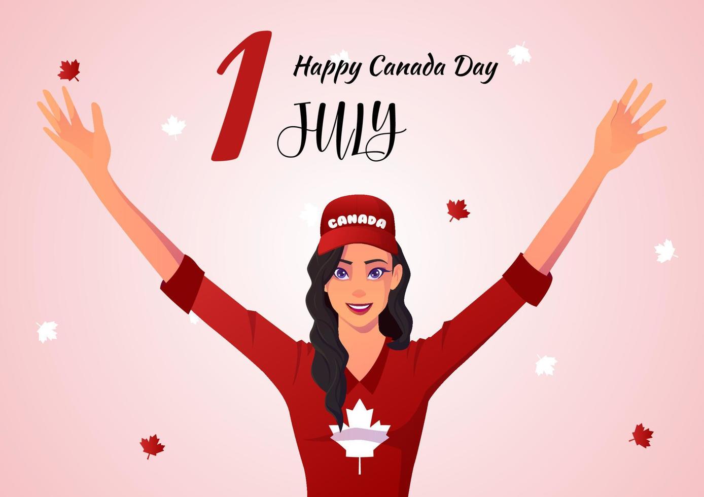happy canada day, vrouw vieren met handen in lucht cartoon vector. vector