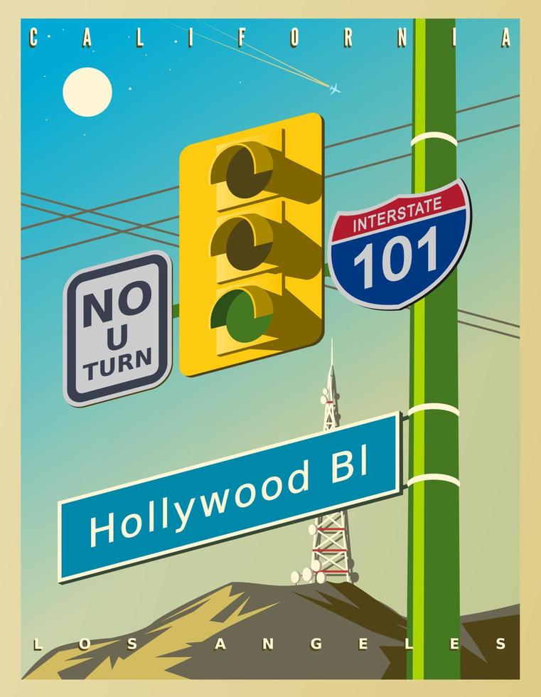 vintage poster met een geel verkeerslicht, hollywood-bord en verkeersborden - geen u-bocht, 101 interstate. vectorillustratie in retro stijl. Californië, Verenigde Staten vector