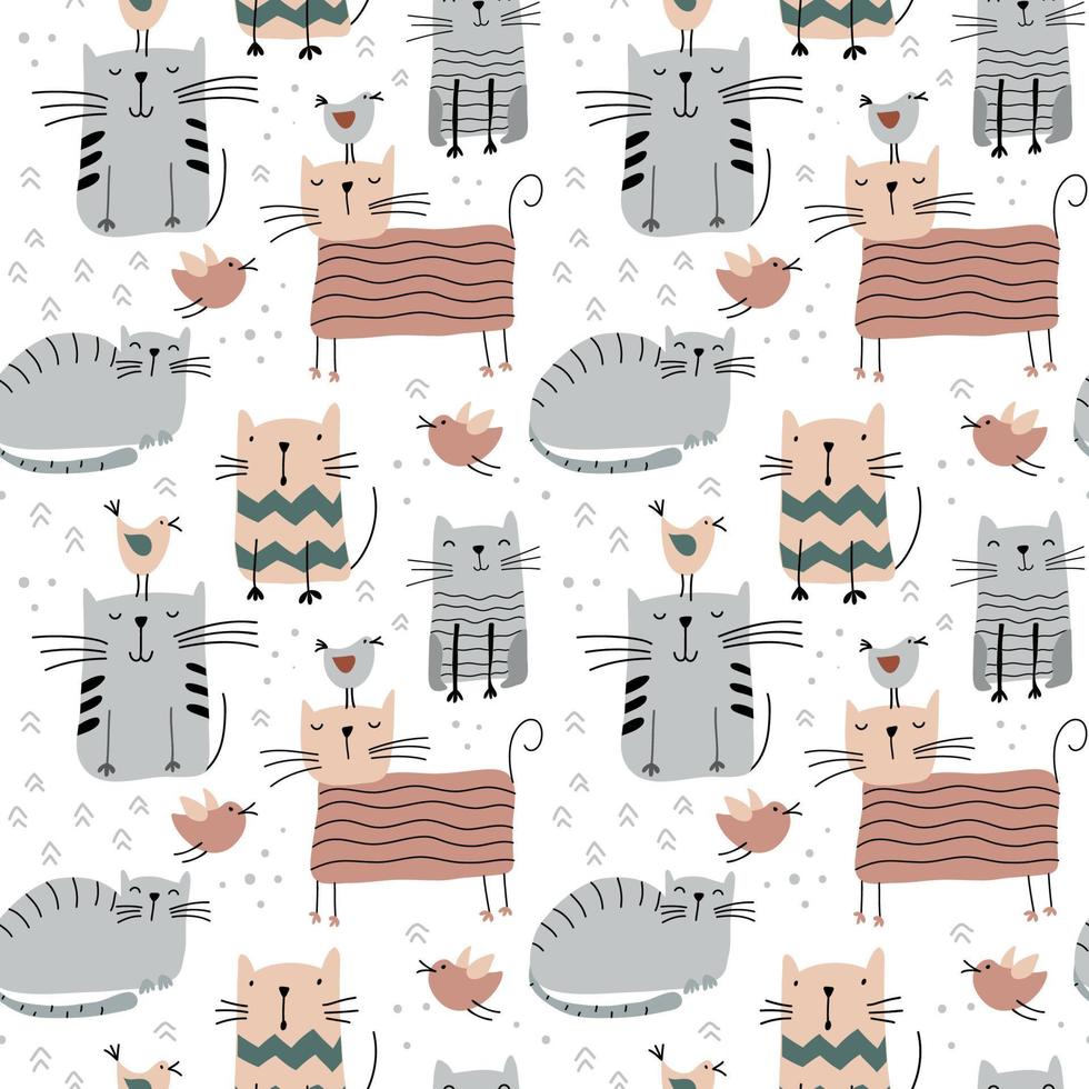 schattig vector katten en vogels naadloze baby patroon geïsoleerd op een witte Scandinavische achtergrond. voor kinderen stof, doek, achtergrond, behang
