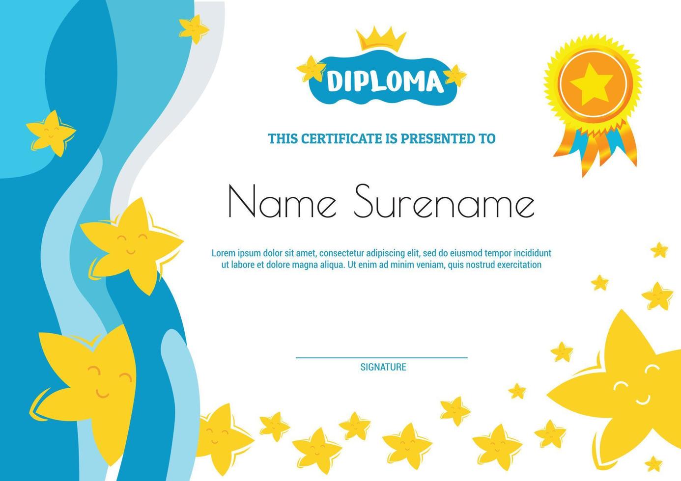 school diploma sjabloon certificaat voor kinderen met vliegende sterren moderne verloop achtergrond vector