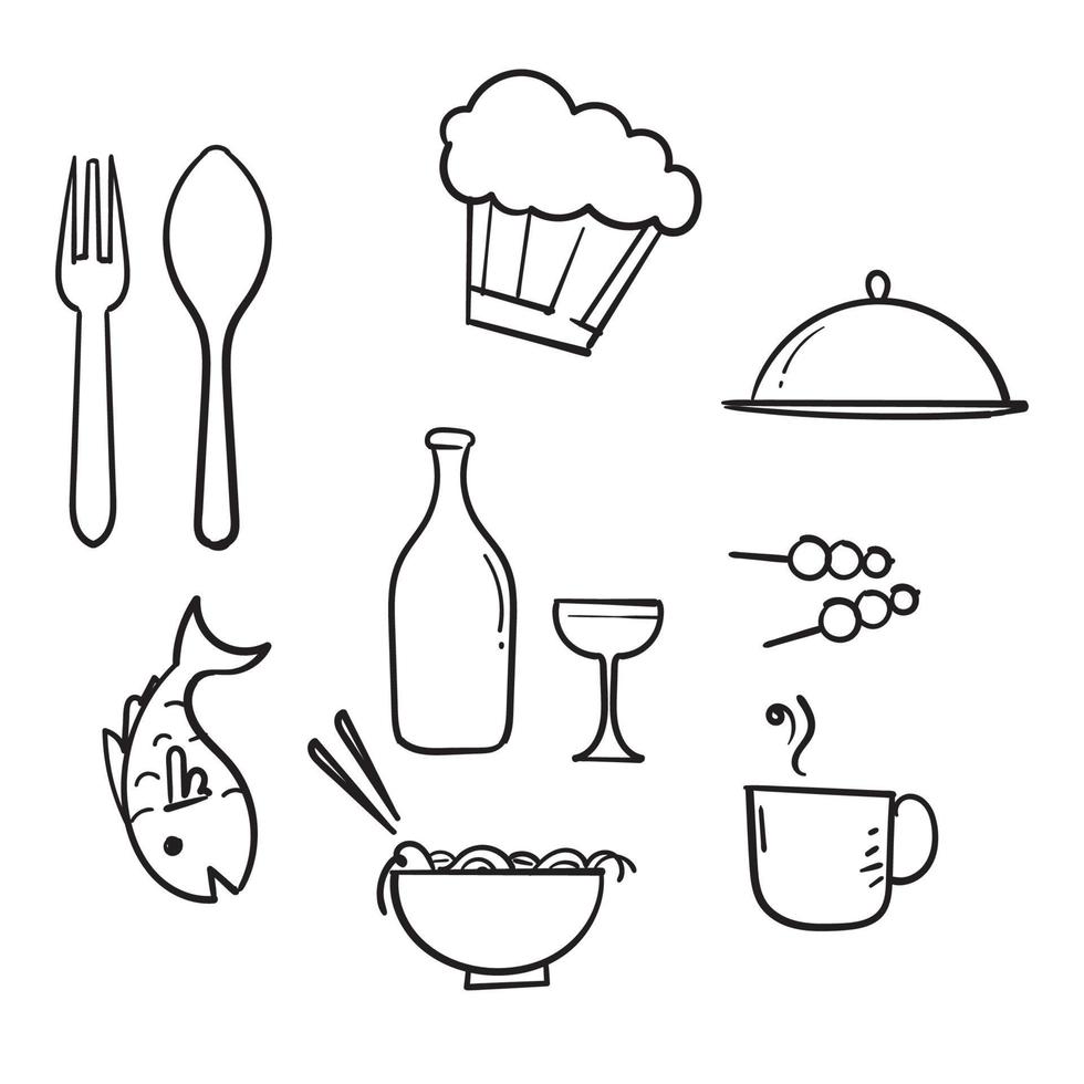 hand getekend eten en drinken icoon. restaurant lijn pictogrammen instellen. vectorillustratie.doodle vector