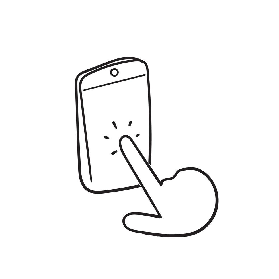 hand getrokken hand vasthouden en aanraken smartphone illustratie pictogram vector