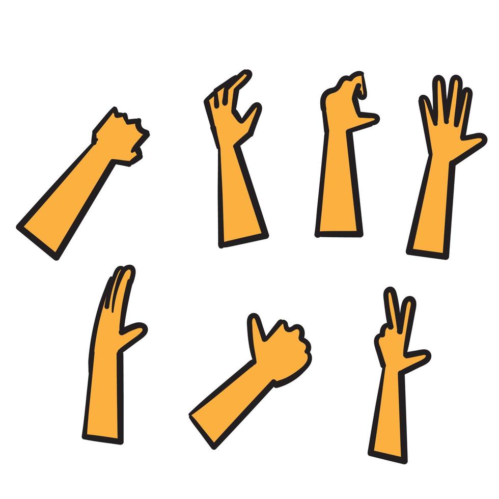 reeks handen die verschillende gebaren tonen. handpalm wijzend op iets. hand getrokken doodle stijl vector