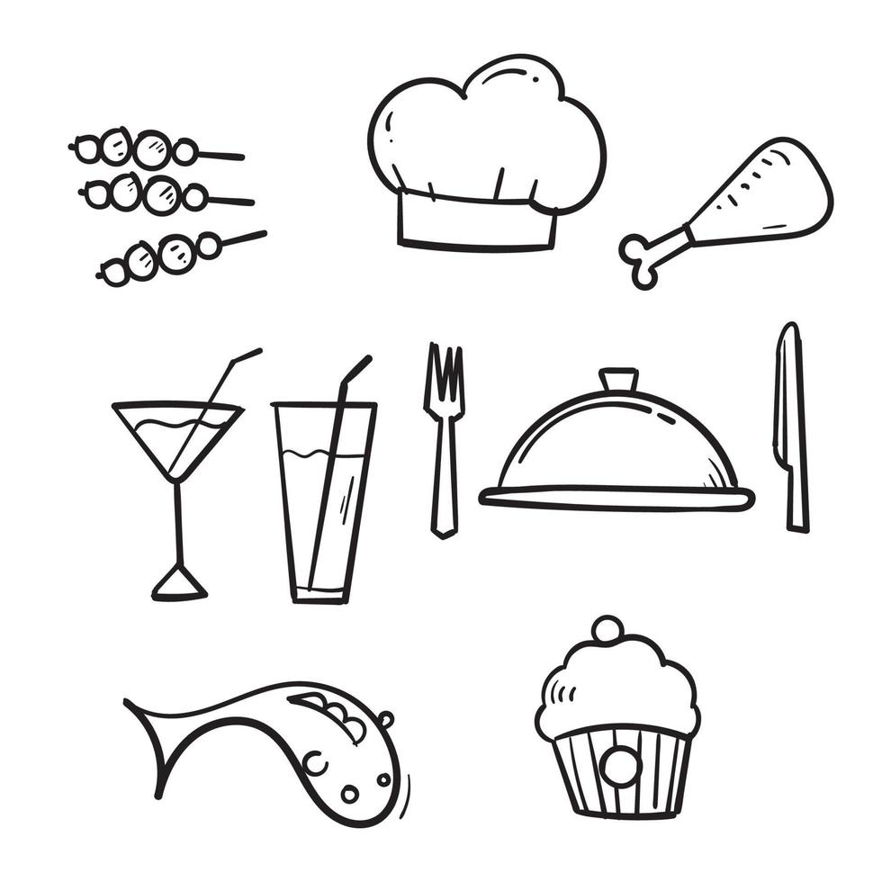 hand getekend eten en drinken icoon. restaurant lijn pictogrammen instellen. vectorillustratie.doodle vector