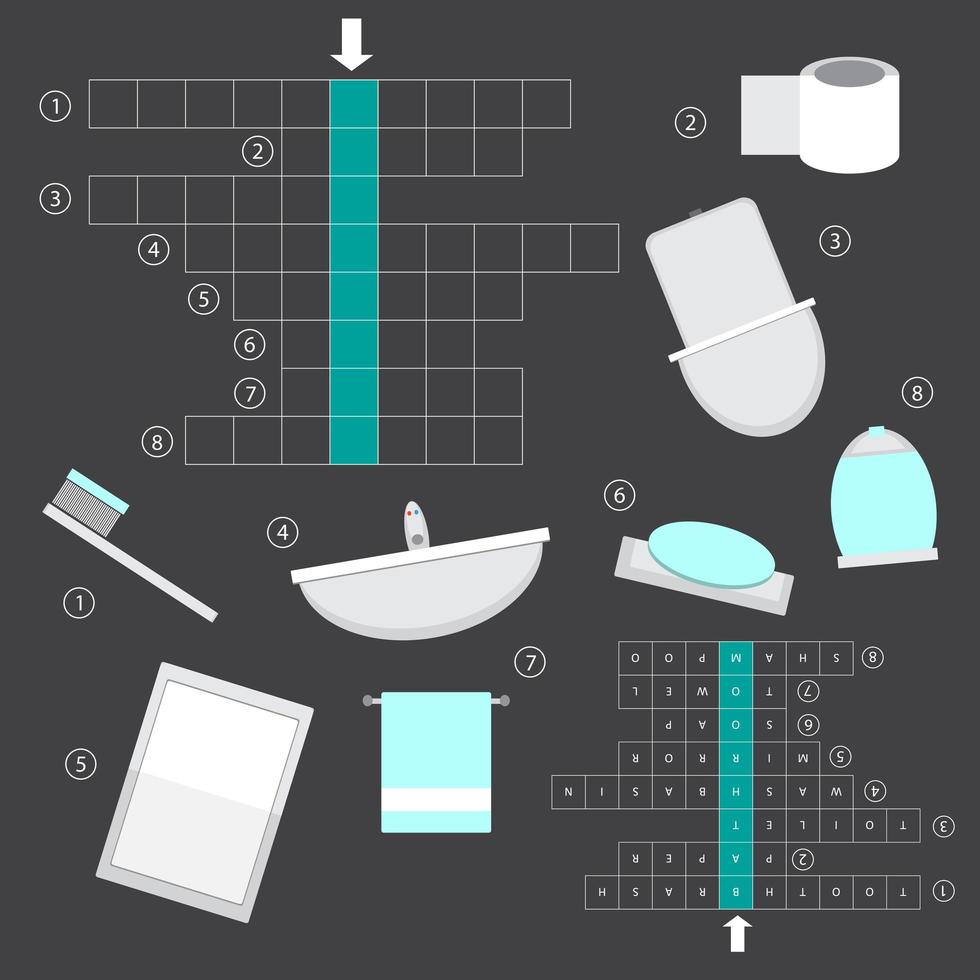 vector kleurloos kruiswoordraadsel, educatief spel voor kinderen over badkamerinterieur
