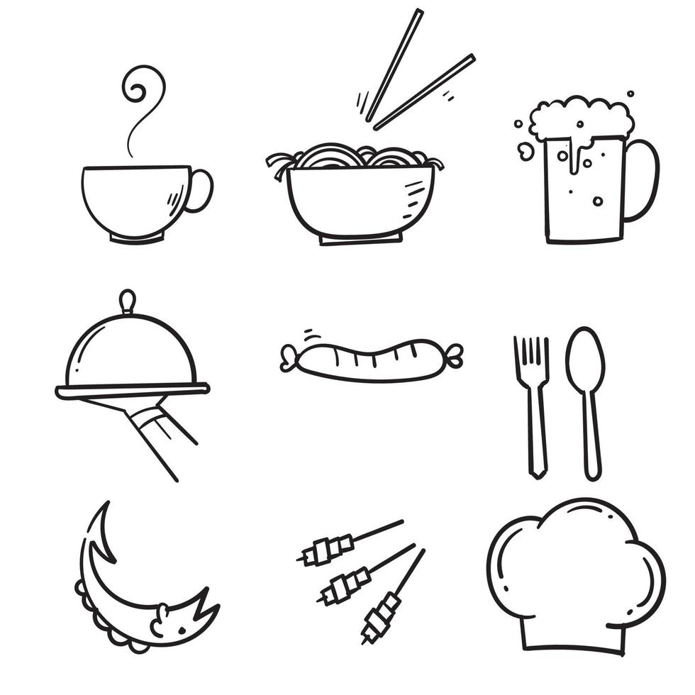 hand getekend eten en drinken icoon. restaurant lijn pictogrammen instellen. vectorillustratie.doodle vector