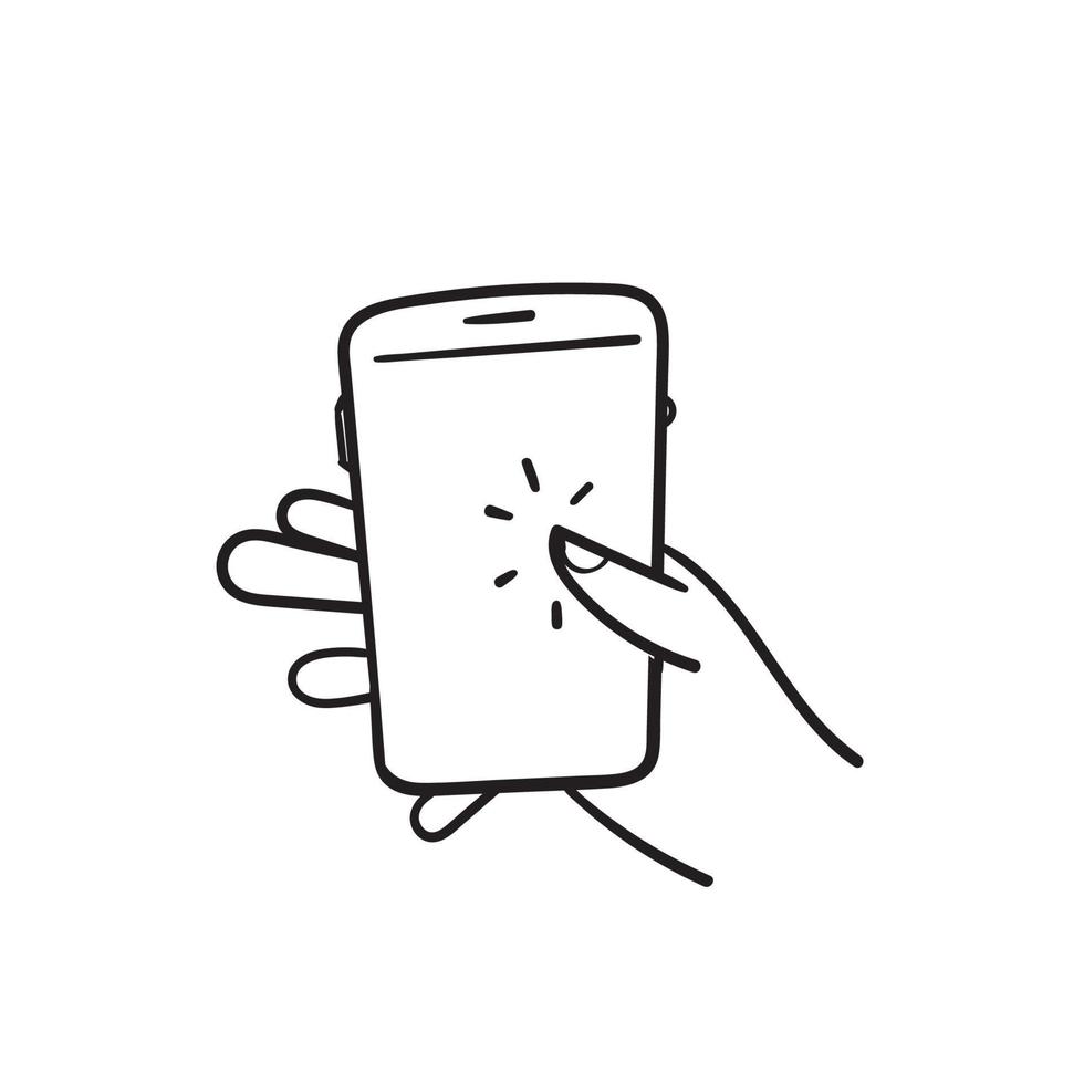 hand getrokken hand vasthouden en aanraken smartphone illustratie pictogram vector