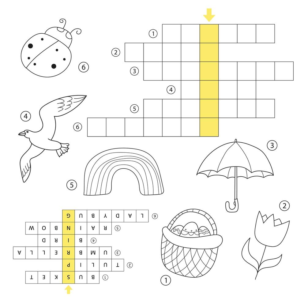 kruiswoordraadsel educatief kinderspel met antwoord. lente thema puzzel leren vector