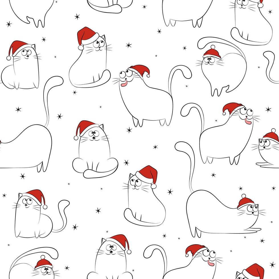 naadloze grappige katten met rode hoed vrolijk kerstfeest. vector