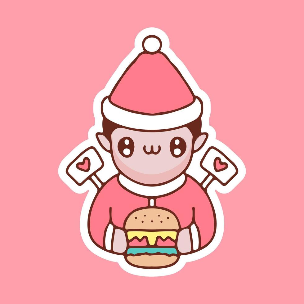 schattige elf met kerstmankostuum met hamburgerillustratie. vectorafbeeldingen voor merch prints en ander gebruik. vector