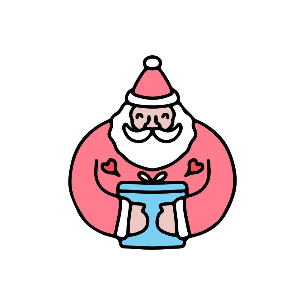 schattige kerstman met geschenkdoos viert kerstmis. tekenfilm voor sticker. vector