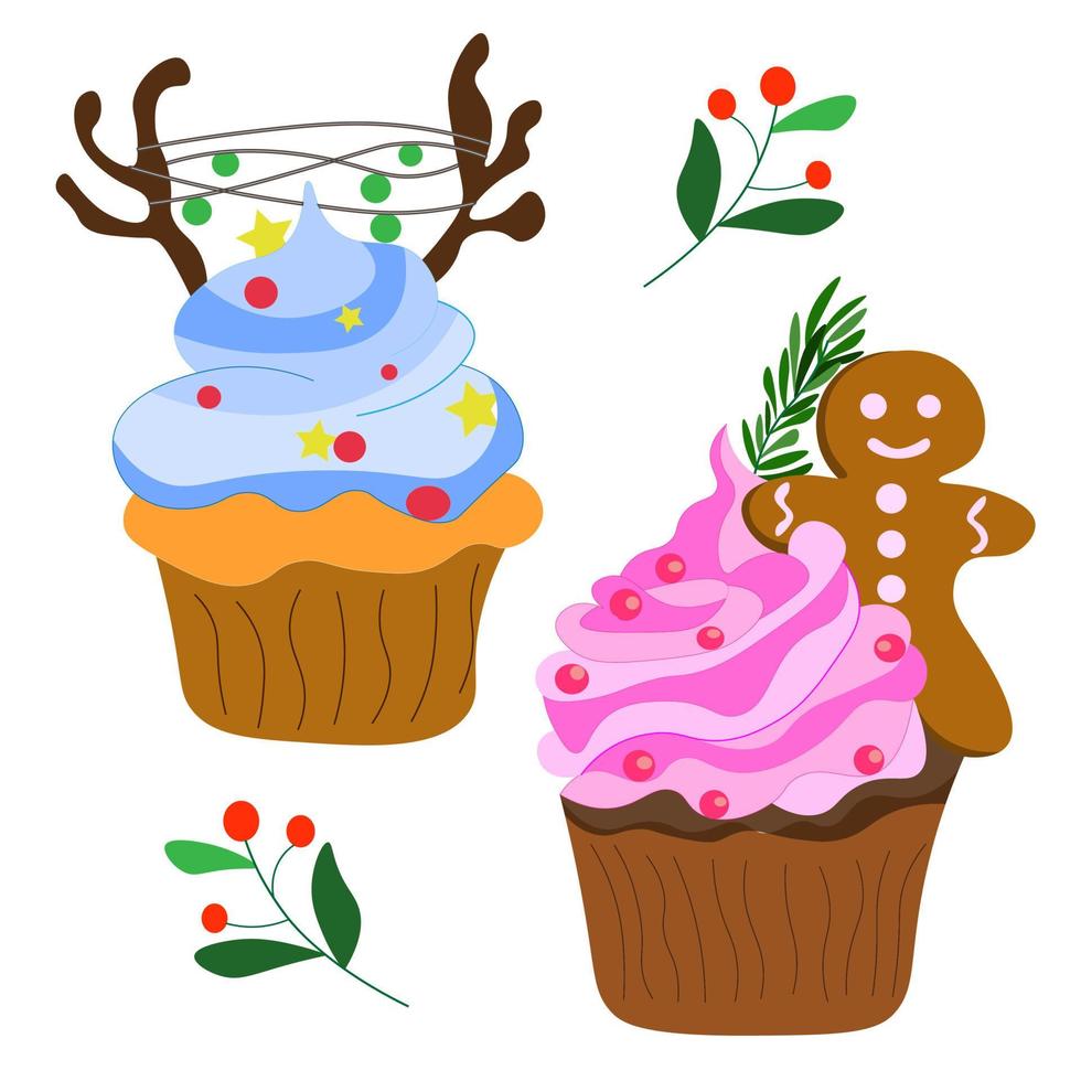 set zelfgemaakte kerstcupcakes, sponsmuffins met botercrème en fudge, versierd met peperkoek, koekjes. traditionele kerst gebakjes met glazuur figuur. symbool van de wintervakantie vector