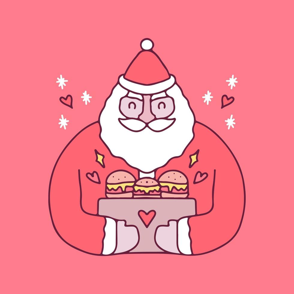 gelukkige kerstman die een zak hamburgersillustratie houdt. vectorafbeeldingen voor t-shirtafdrukken en ander gebruik. vector