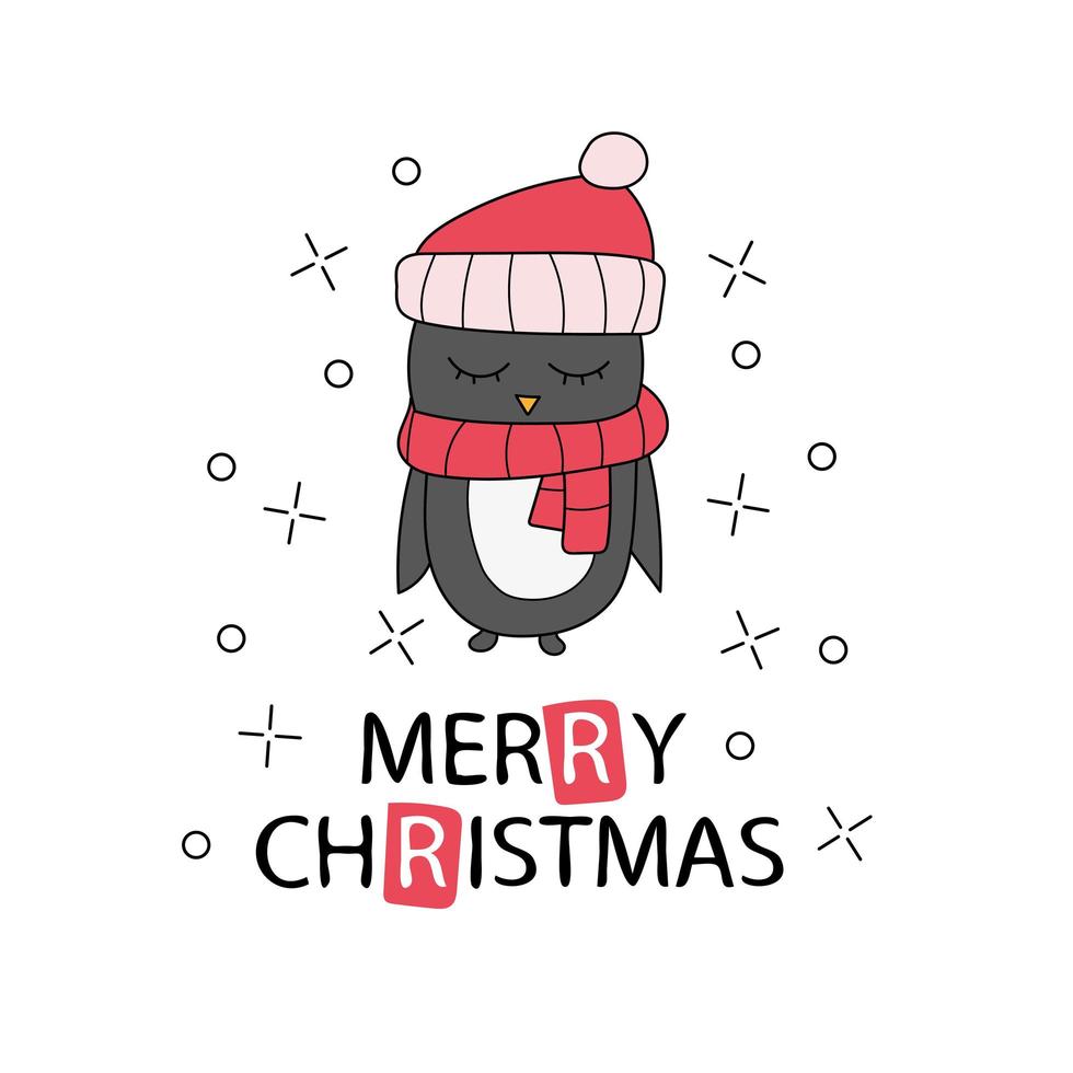 hand getekende kerst wenskaart met pinguin. belettering tekst vrolijk kerstfeest vector