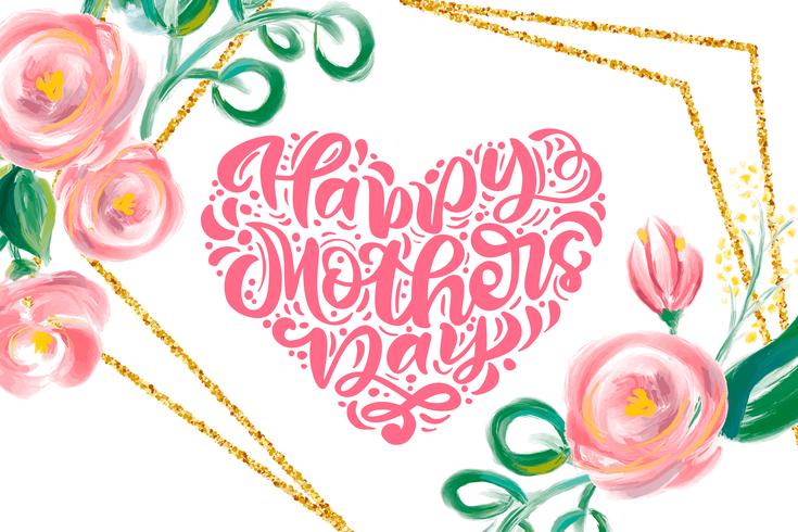 Happy Mothers day hand belettering tekst hart met prachtige aquarel bloemen. vector