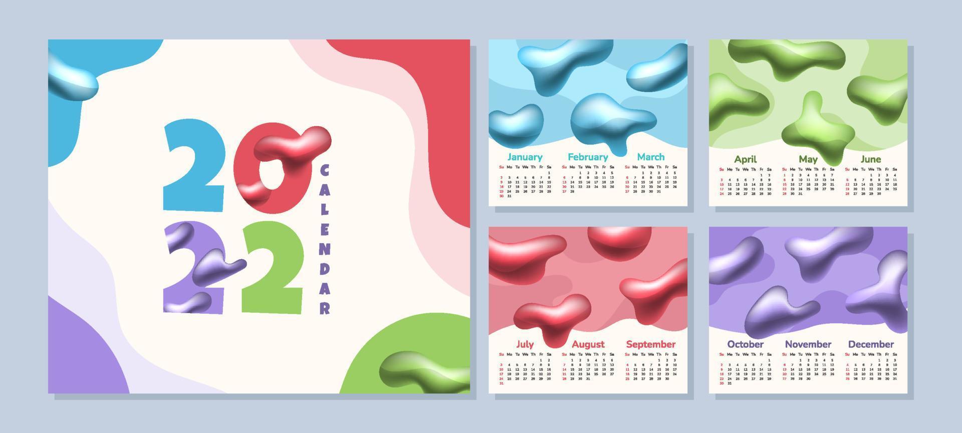 kleurrijke 3d vloeibare 2022 kalender vector