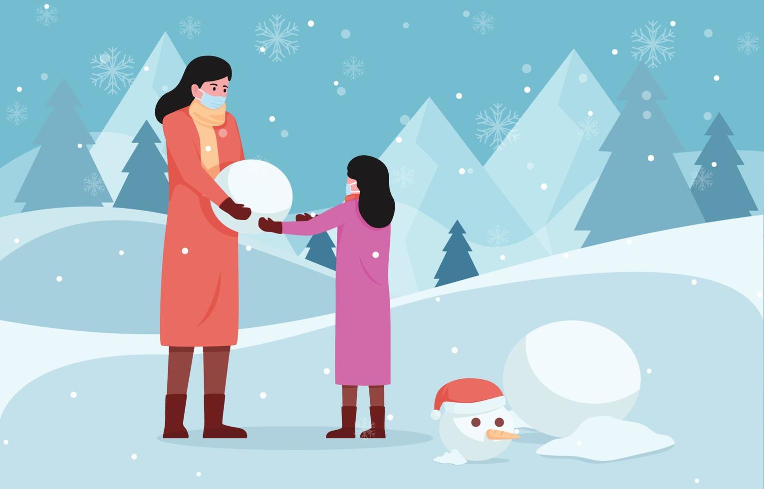 moeder en dochter maken een sneeuwpop vector