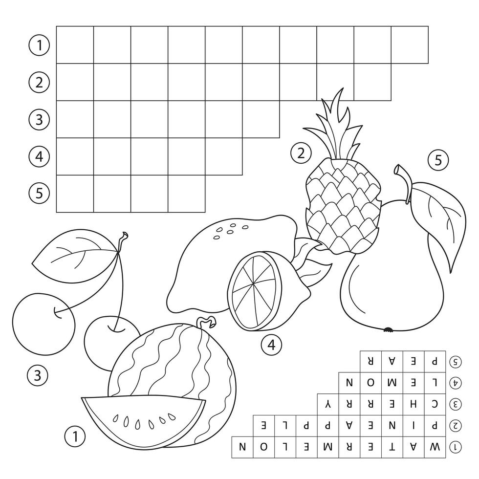 kruiswoordpuzzelspel met fruit. educatieve pagina voor kinderen - Engelse woorden vector